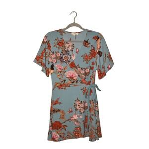 ENTRO NEW $78 Blue Floral Bird Print Flutter Sleeve Mini Wrap Dress Romper Large